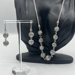 Sarda Sterling Silver 925 Necklace Wheat chain With Ornate Beads Earrings Set